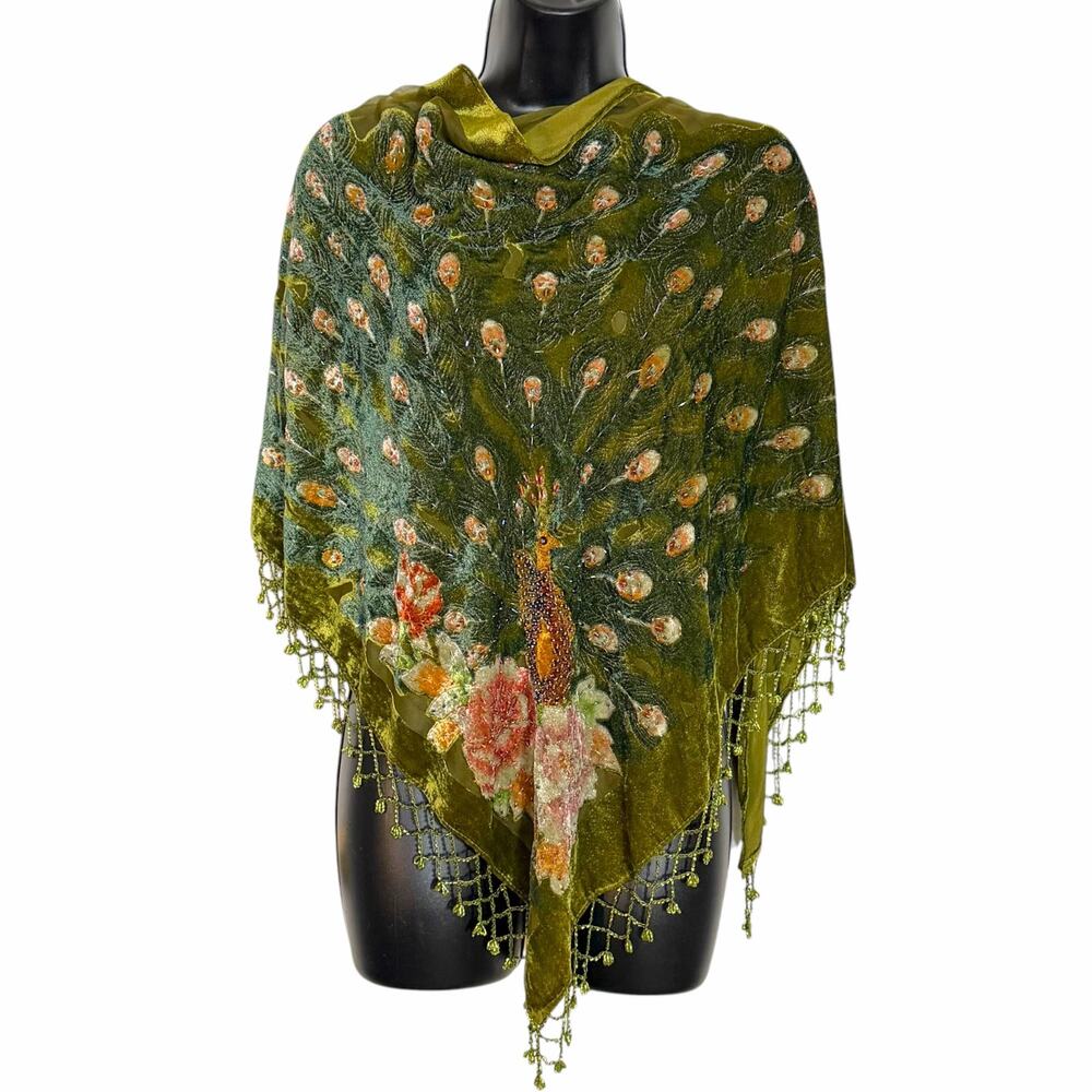 Vintage Beaded Velvet Peacock Shawl Wrap Devore Fringe Olive Green Whimsigoth